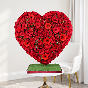 Grand Red Heart with red roses, red gerbera and red hypericum on a 3D heart stand