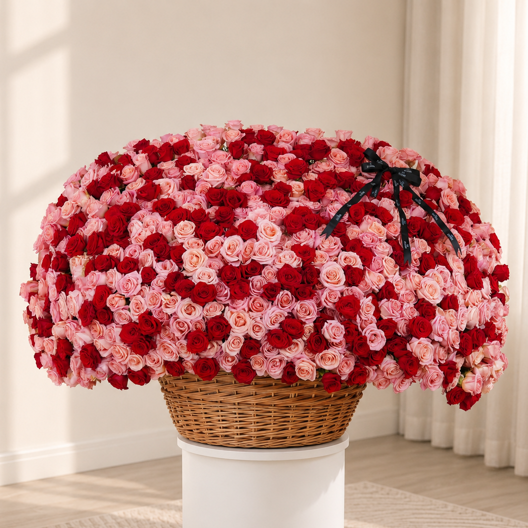 Large basket of 1000 red and pink roses in a wicker basket on a white pedestal against a neutral background.