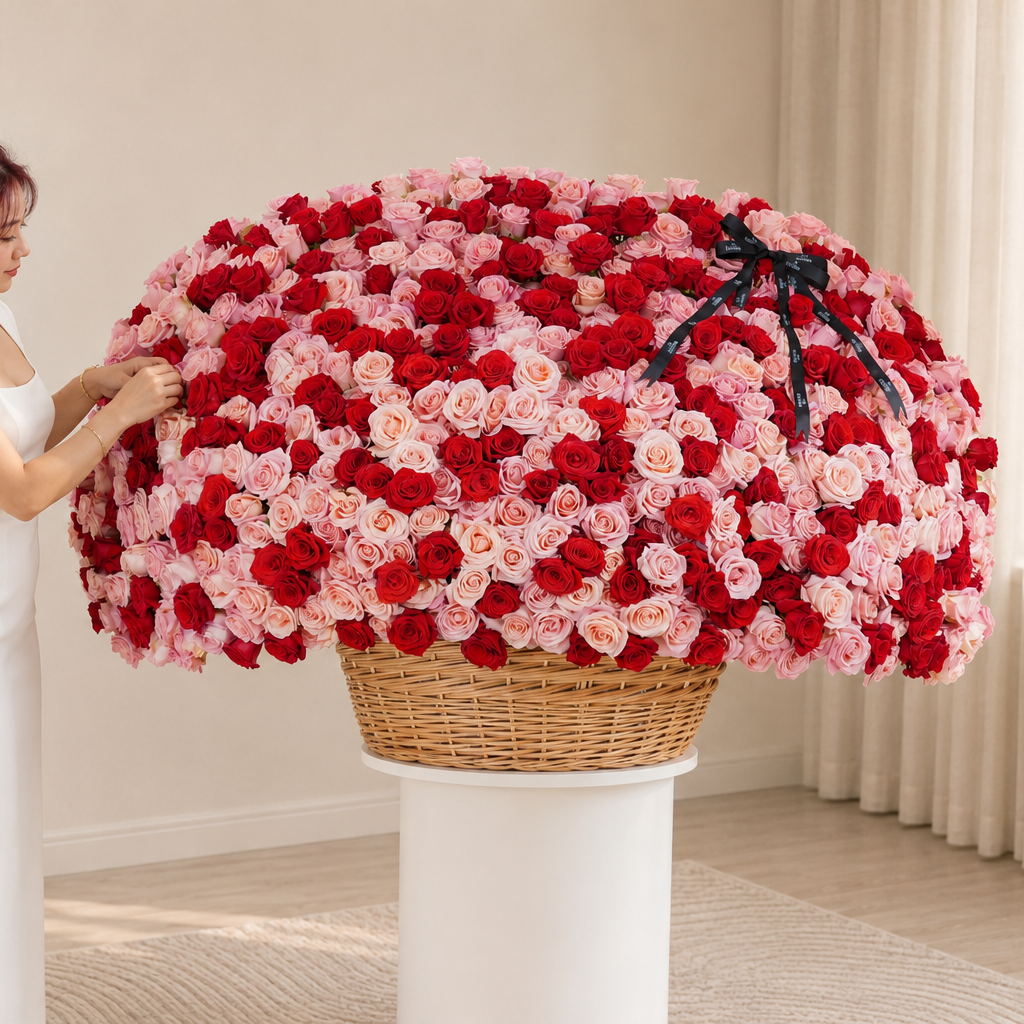 1000 Red & Pink Roses Basket