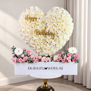 Birthday White Heart with white roses, pink Bombastic roses, white gerbera and eucalyptus