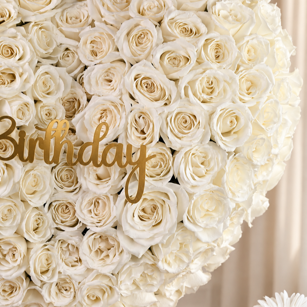 Birthday White Heart with white roses, pink Bombastic roses, white gerbera and eucalyptus