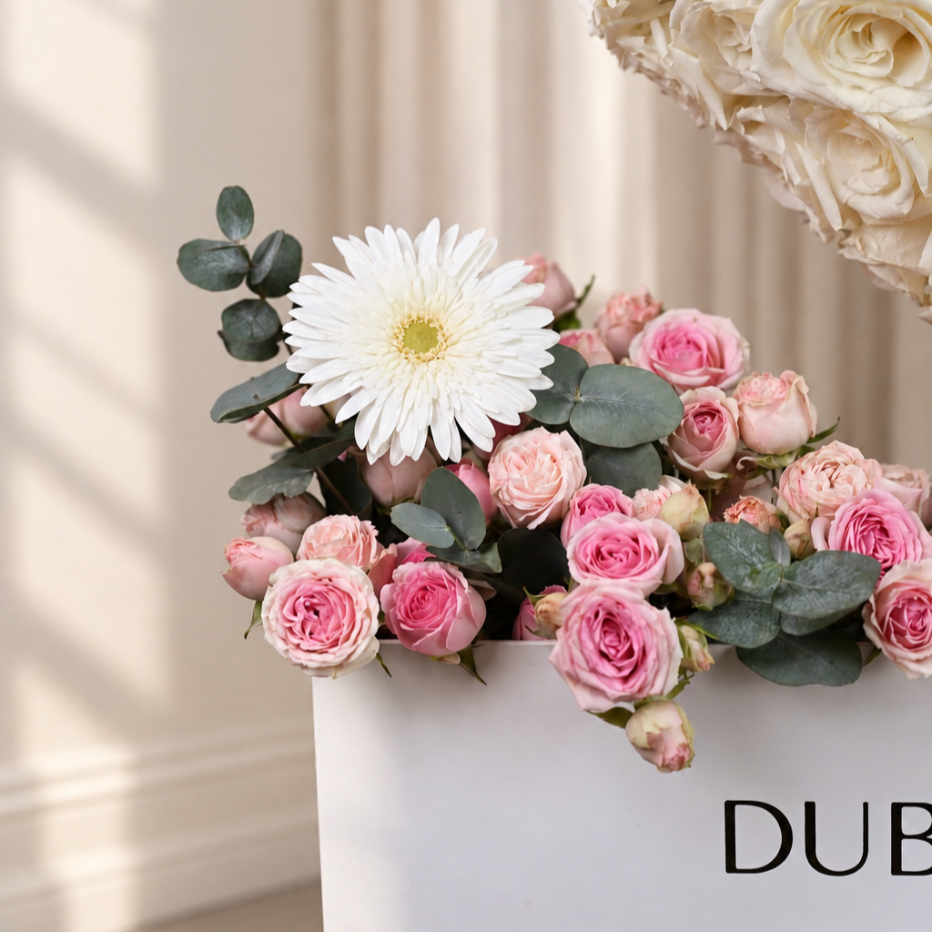 Birthday White Heart with white roses, pink Bombastic roses, white gerbera and eucalyptus