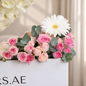 Birthday White Heart with white roses, pink Bombastic roses, white gerbera and eucalyptus