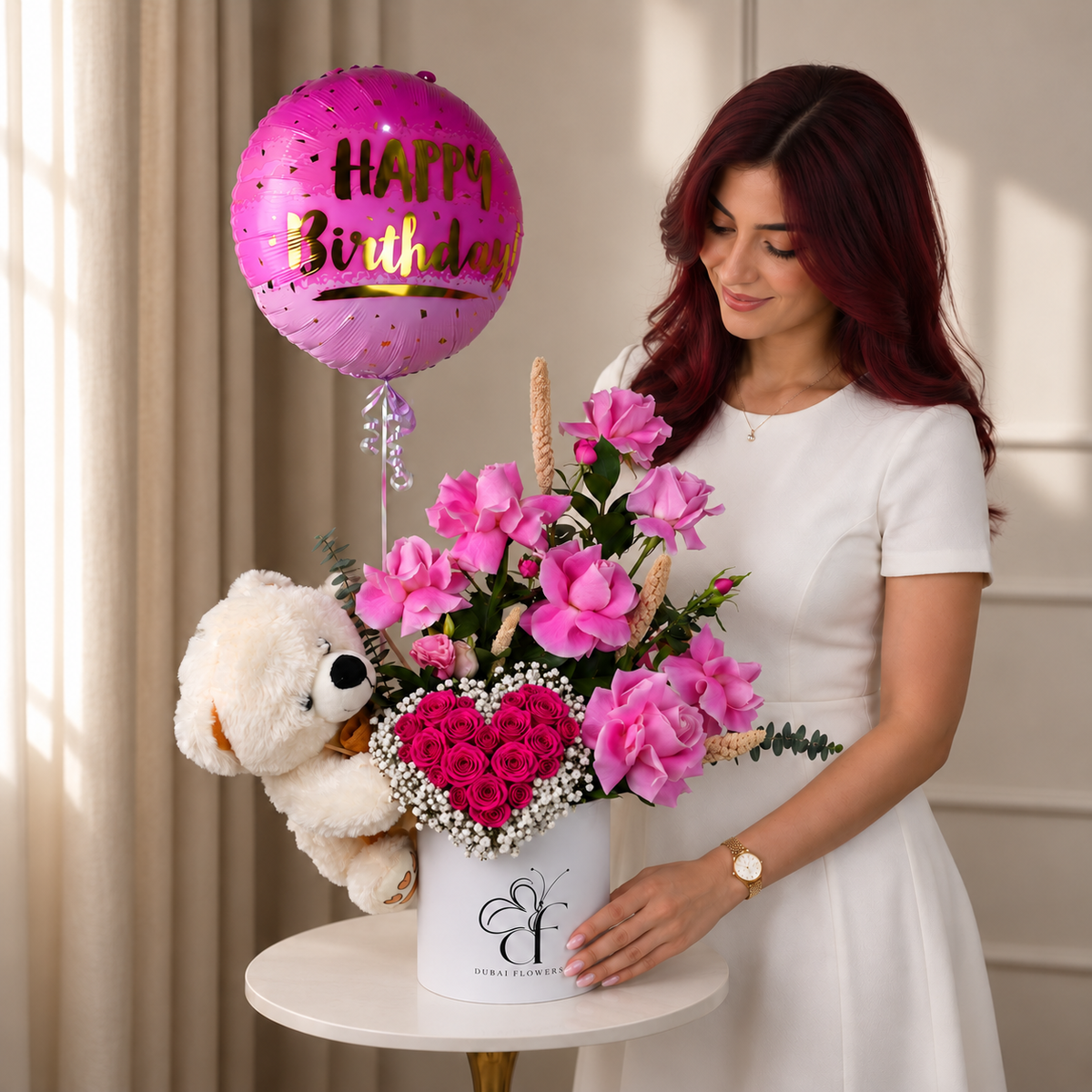 Birthday Pink Aura floral gift with pink French roses, gypsophila, dark pink heart roses and birthday teddy bear