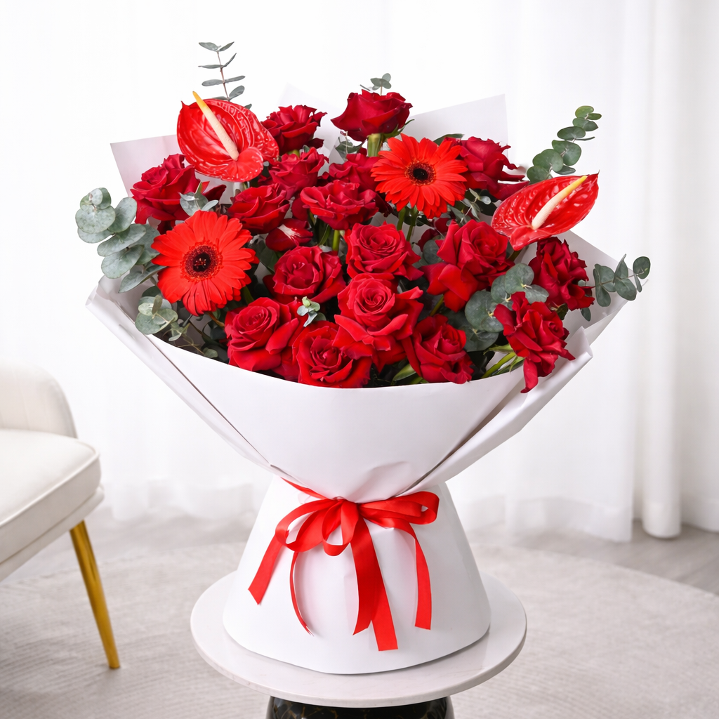 Bouquet of red flowers with a white cone and red ribbon on a black stand against a white background.