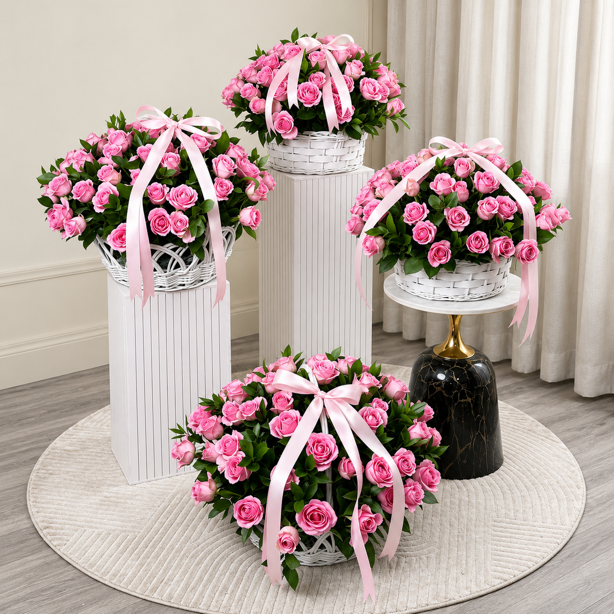 Set of 4 Pink Roses Basket