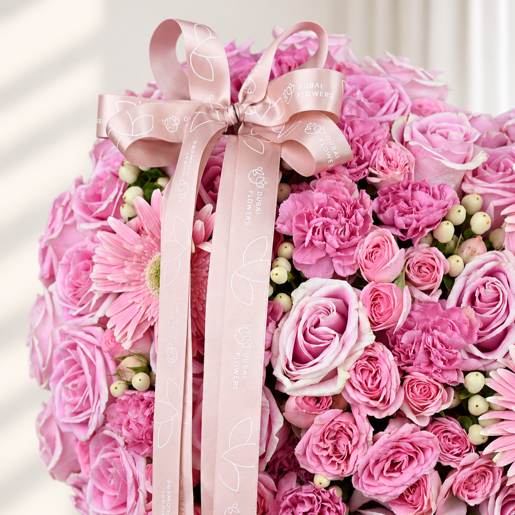 Grand Pink Heart with pink roses, gerbera, carnations, spray roses and white hypericum