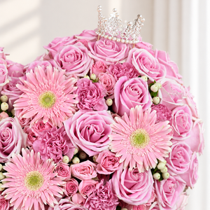 Grand Pink Heart with pink roses, gerbera, carnations, spray roses and white hypericum
